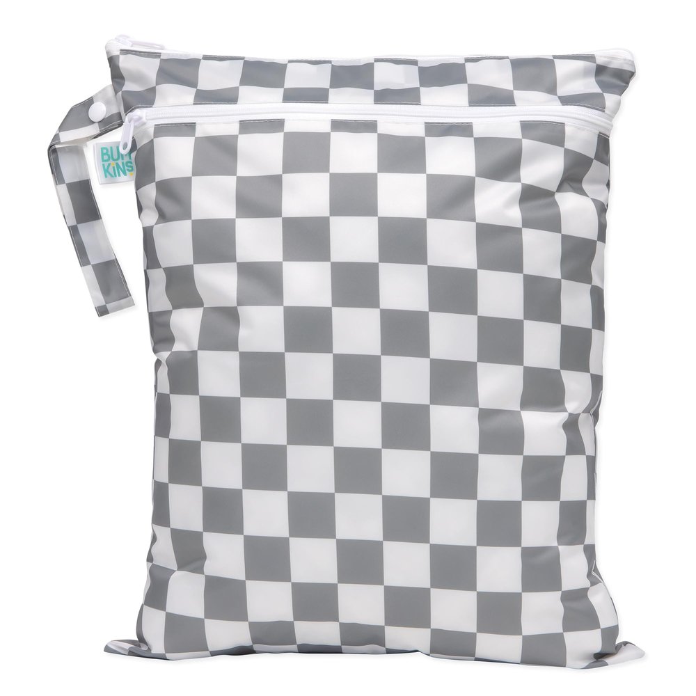 Bumkins Waterproof Wet Dry Bag for Baby, Travel, Swim Suit, Cloth Diapers, Pump Parts, Pool, Beach, Gym Clothes, Toiletry, Hook to Stroller, Daycare, Zipper Reusable Wetdry Packing Pouch, Gray Check