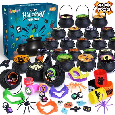 Letapapa 480 PCS Halloween Party Favors for Kids, 60 Pack Prefilled Small Plastic Witch Cauldron With Assorted Halloween Toy In Bulk, Miniatures for Kids Trick or Treat, Halloween Classroom Rewards