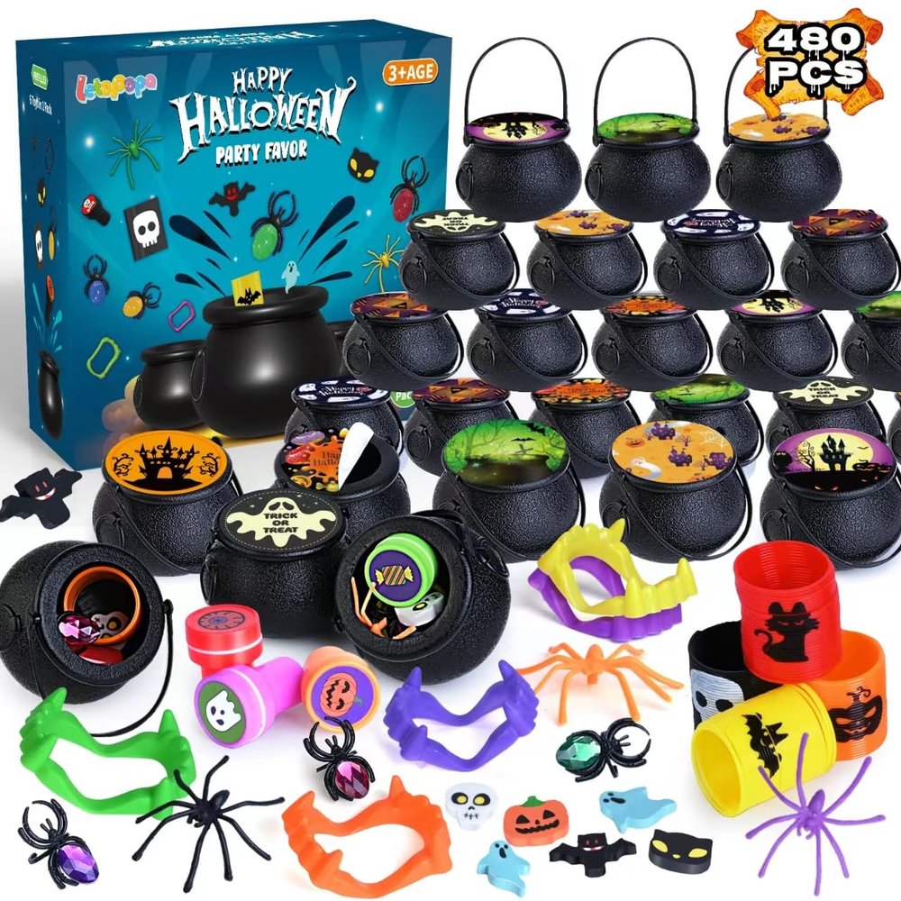 Letapapa 480 PCS Halloween Party Favors for Kids, 60 Pack Prefilled Small Plastic Witch Cauldron With Assorted Halloween Toy In Bulk, Miniatures for Kids Trick or Treat, Halloween Classroom Rewards