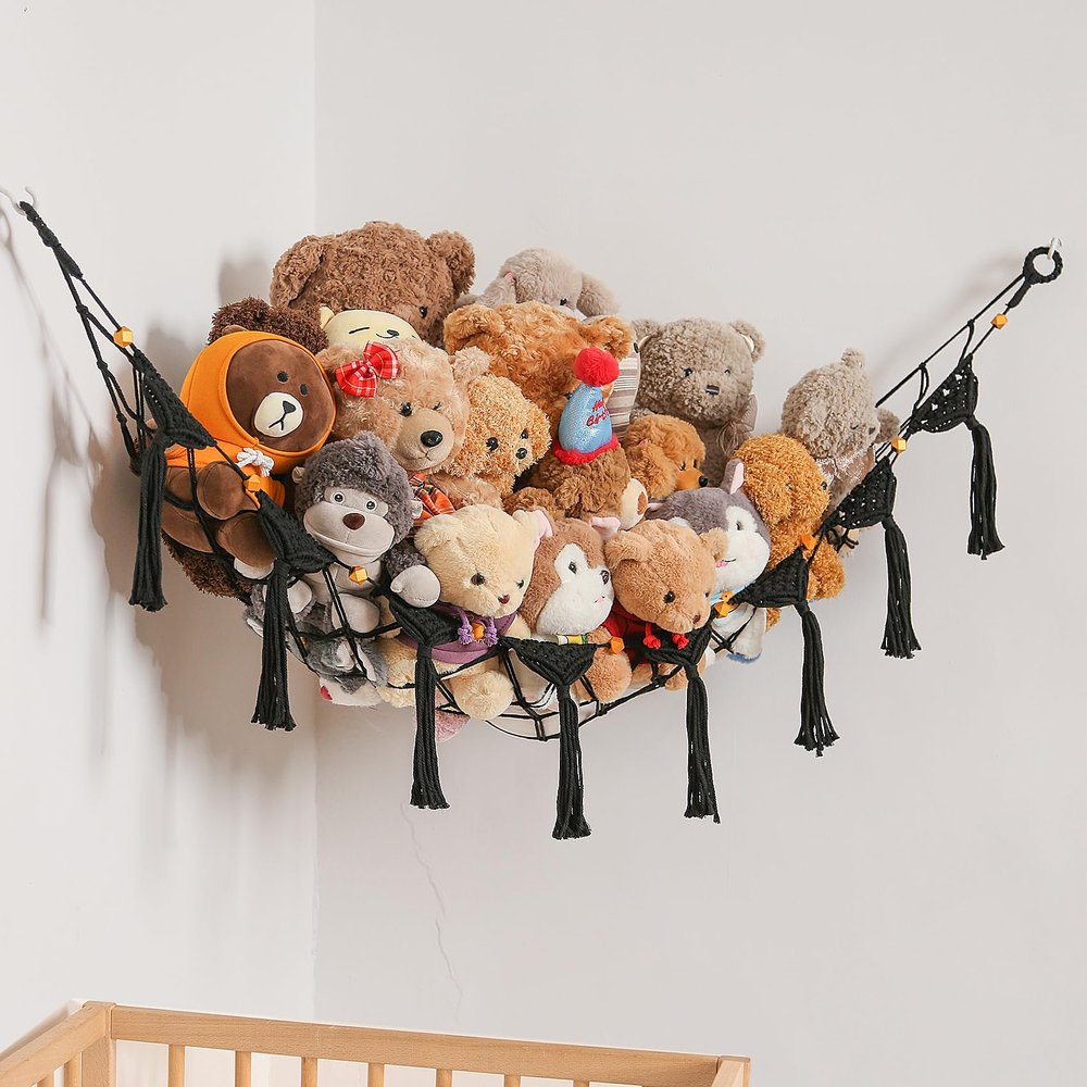 Stuffed Animal Toy Storage Net Hanging Organizer Kid's Playroom Stuffed Animal Display Plush Toy Hammock for Corner Hanging Net-Black