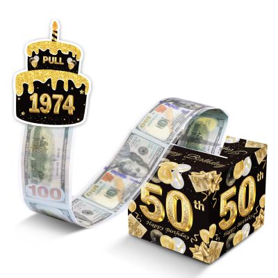 50th Birthday Money Box for Cash Gift, Black Gold Birthday Money Pull Box, 1974 Vintage Surprise Money Roll Gift Box with Pull Out Card Cash Holder, Supplies