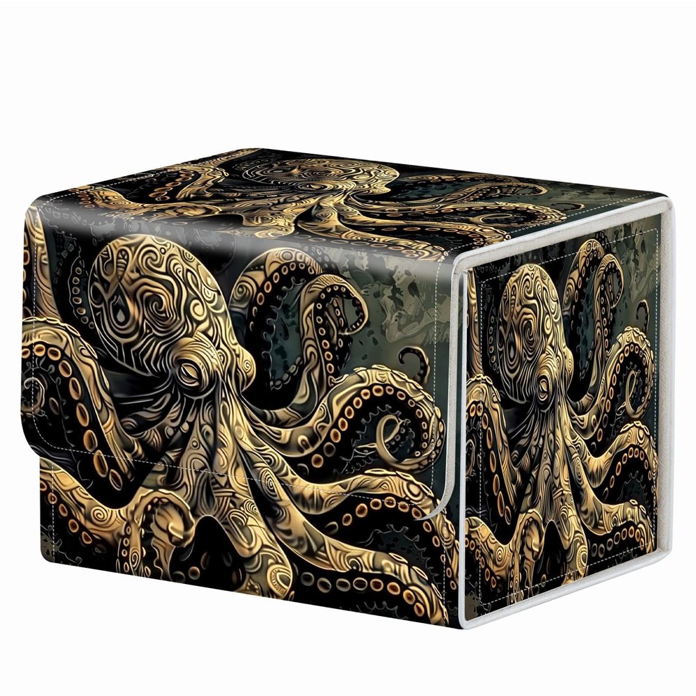 RMJKXQZG Strong Magnet MTG Demon Deck Box Playing Card Case Magic The Gathering Commander Deck Box Creative Pattern Trading Card Storage Caseox for Collectible Games, Dark Gold Metal Octopus