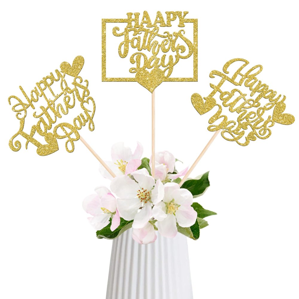 12 Pack Happy Father's Day Centerpiece Sticks Assembled Glitter Love Heart Love Dad Best Dad Table Centerpiece Sticks for Father's Day Theme Men Birthday Party Supplies Gold