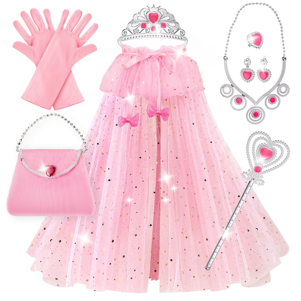 ShyLizard Princess Dress Up Clothes for Little Girls, 10 Pcs Toddler Dress Up Toys, Princess Cape with Crown, Wand, Jewelry, Princess Play Toys Gifts for 3 4 5 6 Year Old Girls(Pink)