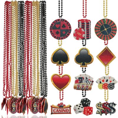 SAYAYA 24 Pieces Casino Night Beaded Necklaces Set Dice Poker Dollar Casino Theme Party Gold Red Black Beaded Necklace for Game Night Party Favors Decor