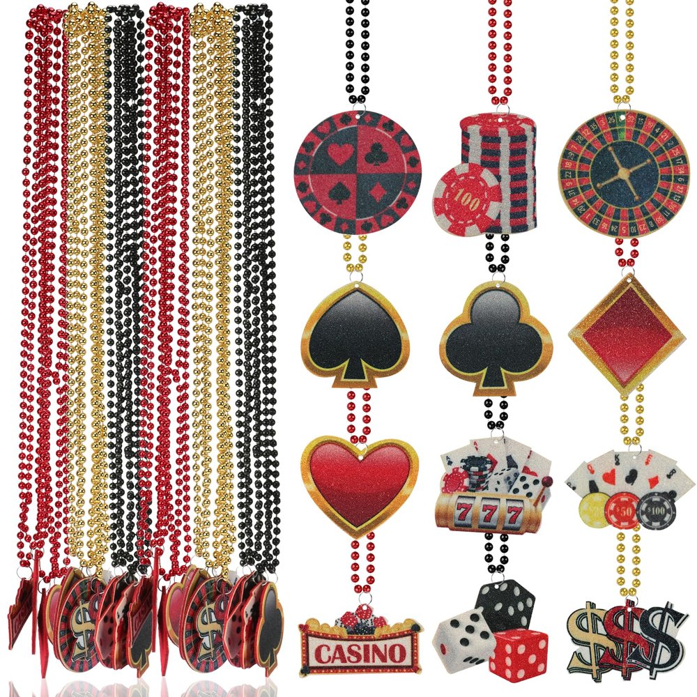 SAYAYA 24 Pieces Casino Night Beaded Necklaces Set Dice Poker Dollar Casino Theme Party Gold Red Black Beaded Necklace for Game Night Party Favors Decor