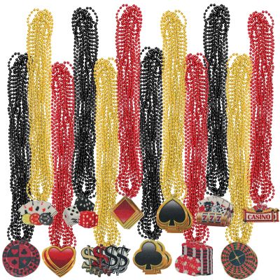 SAYAYA 48 Pieces Casino Night Party Necklaces with Dice & Poker Chip Charms, Themed Decor for Vegas Parties, Game Night Favors in Gold Red and Black