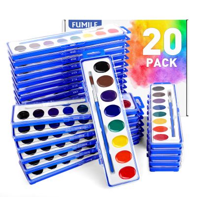 FUMILE Watercolors Paint Set Bulk,20 Pack 8 Washable Bright Colors with Paintbrush.Watercolors Paint Set Kids for Parties,Art Lessons,Birthday Party Favor,valentines for kids classroom,All Ages.