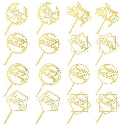 16 Pcs Gold Happy Birthday Cake Toppers Glitter Bling Dessert Toppers Acrylic Double-Sided Cake Decoration for Children or Adults Party Supplies