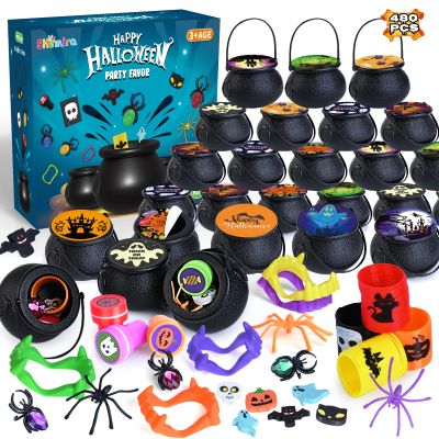Shemira 480 PCS Halloween Party Favors Bulk for Kids, 60 Pack Prefilled Witch Cauldrons with Halloween Toys, Halloween Goodie Bag Fillers, Halloween Party Supplies, Halloween Miniatures Novelty Toys
