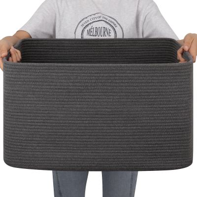 OIAHOMY Large Blanket Basket,Storage Basket with Handle, Blanket Basket for Living Room, Rectangle Woven Cotton Rope Basket for Bedroom, Toy Baskets Organizer Bins, 22" x 17" x 12" in, Dark Grey
