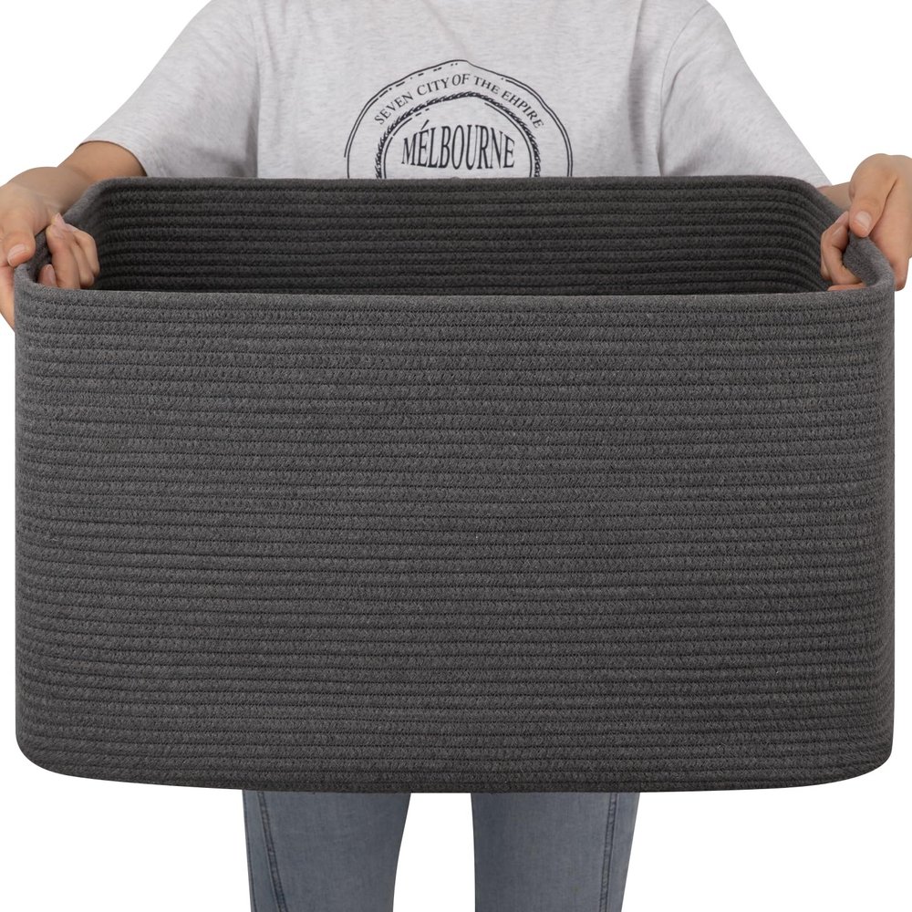OIAHOMY Large Blanket Basket,Storage Basket with Handle, Blanket Basket for Living Room, Rectangle Woven Cotton Rope Basket for Bedroom, Toy Baskets Organizer Bins, 22" x 17" x 12" in, Dark Grey