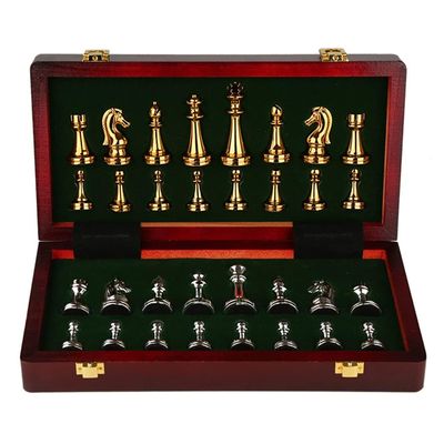 11Inch Large Deluxe Metal Chess Set - Portable Wooden Box with Alloy Pieces, Folding Board, Ideal for Adults
