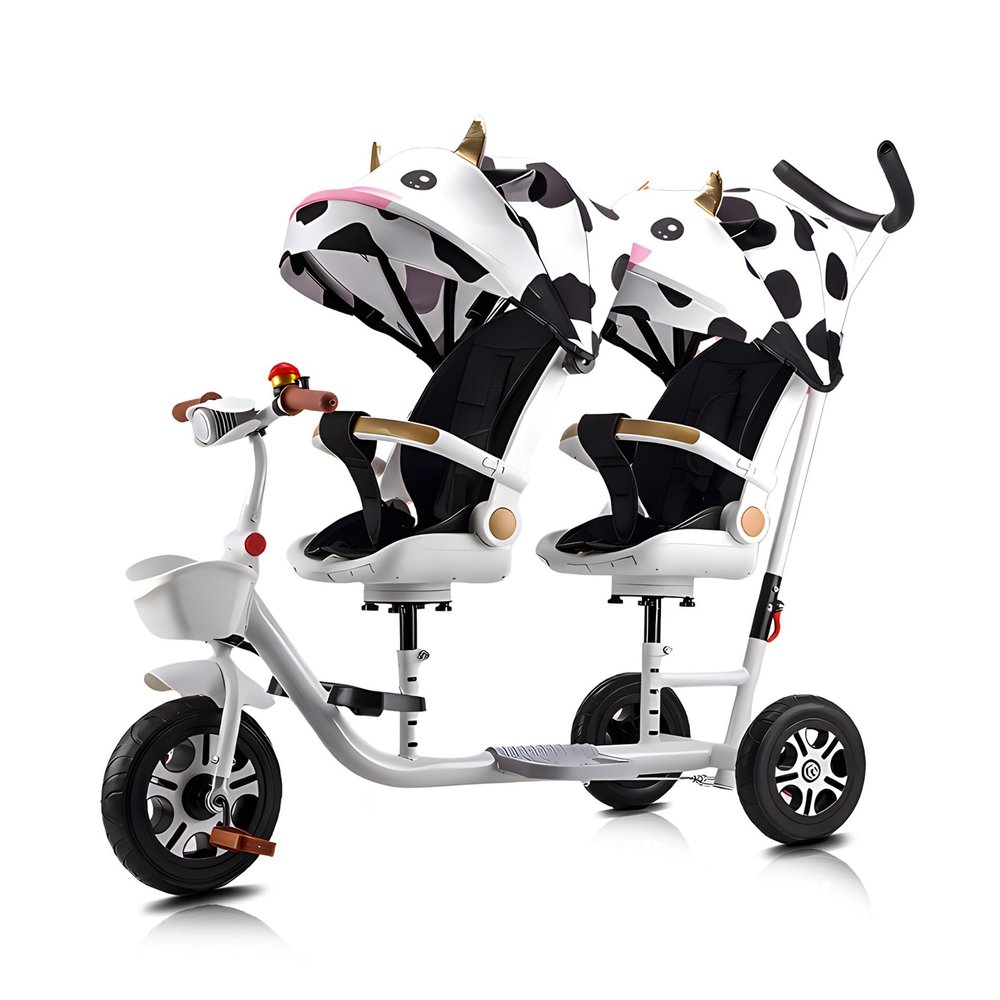 Kids Tricycle - 6 in 1 Double Seat Children's Tricycle, Toddler Pushchair, Detachable Canopy, Folding Pedals, Reversible Seat, Removable Guardrail, Suitable for 1 to 7 Years Old Children,White a