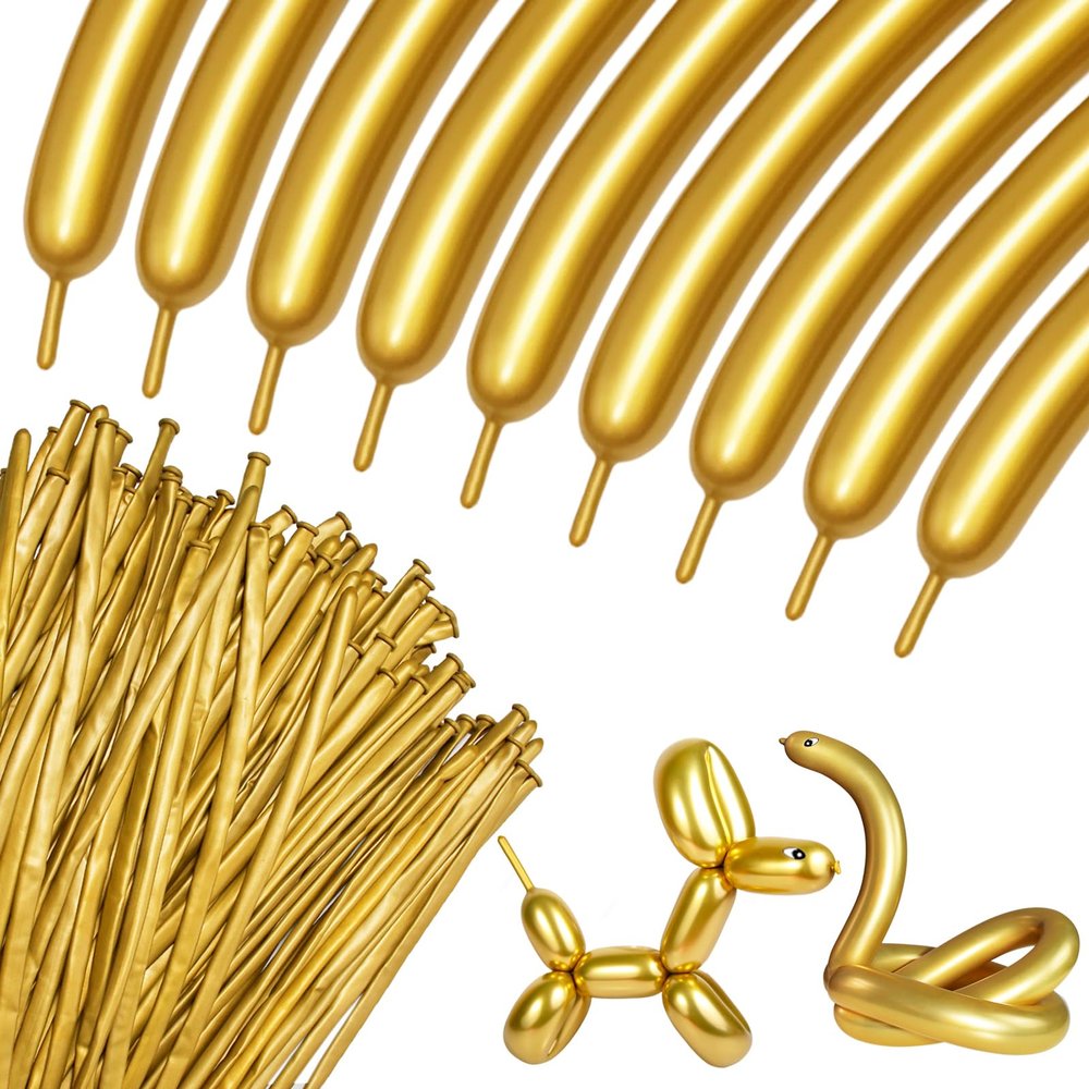 100Pcs 260 Balloons Metallic Gold Long Balloons for balloon animals, Gold Skinny Latex Twisting Balloon for Animals Modeling Christmas Birthday Wedding Party Decorations. (Gold)
