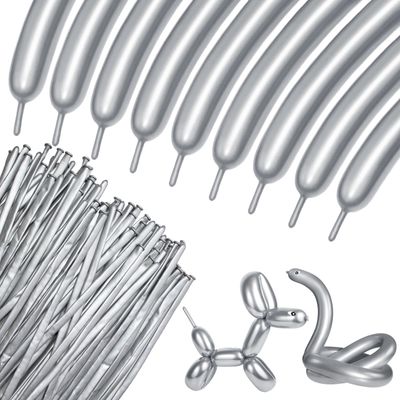 100Pcs 260 Balloons Metallic Silver Long Balloons for balloon animals, silver Skinny Latex Twisting Balloon for Animals Modeling Christmas Birthday Wedding Party Decorations.(Sliver)