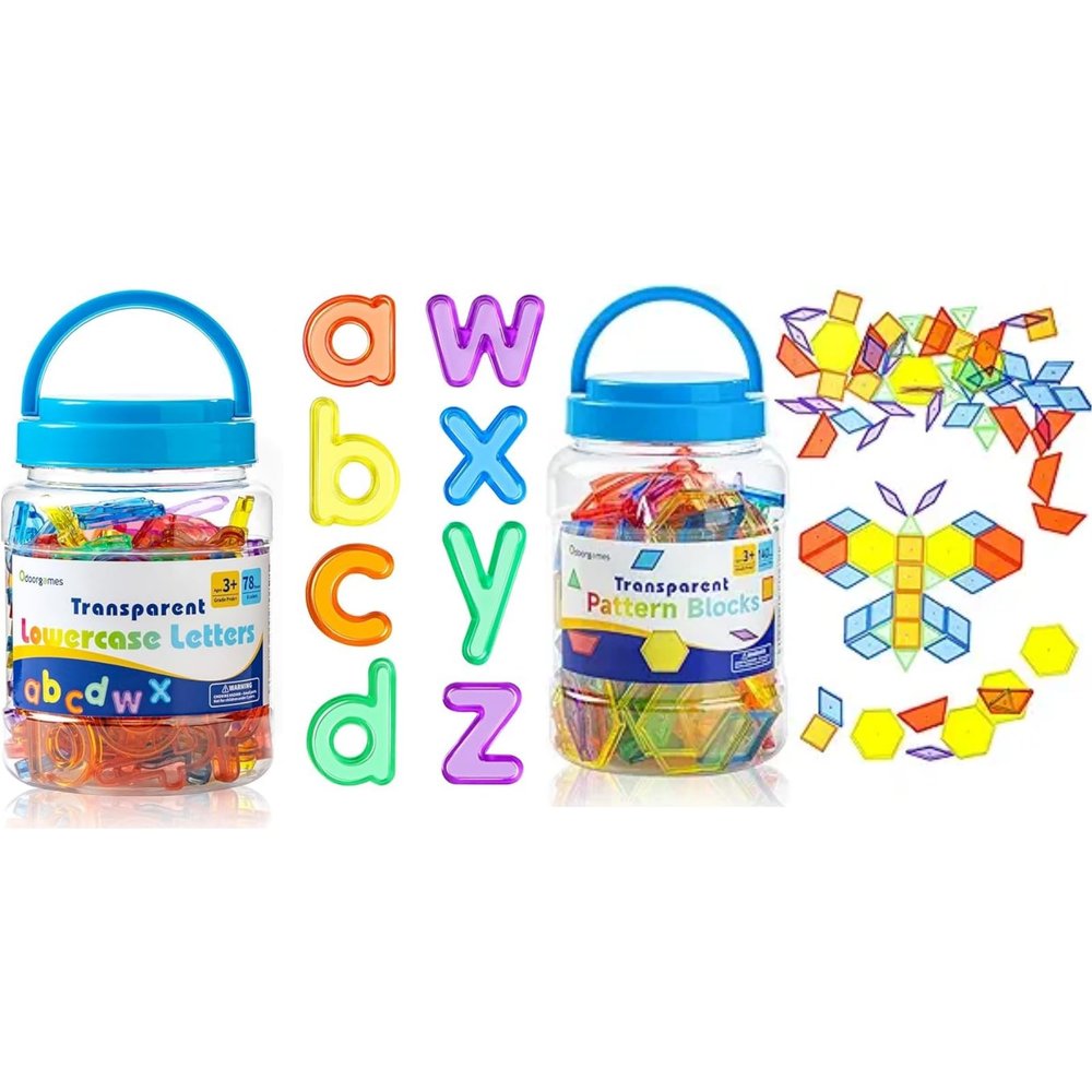 Odoorgames 78 Pcs Translucent Lowercase Letters - 140 Pcs Translucent Pattern Blocks - Learning Toy for Light Table Accessories and Manipulatives