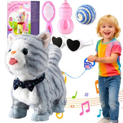 Gray Leash Walking Cat Set Toy Interactive Talking Cat Singing Dancing Kitten Mimicking Repeat What You Say Kitty Touch and Voice Control Nodding Wagging Tail Plush Electric Robot for Kid Girl