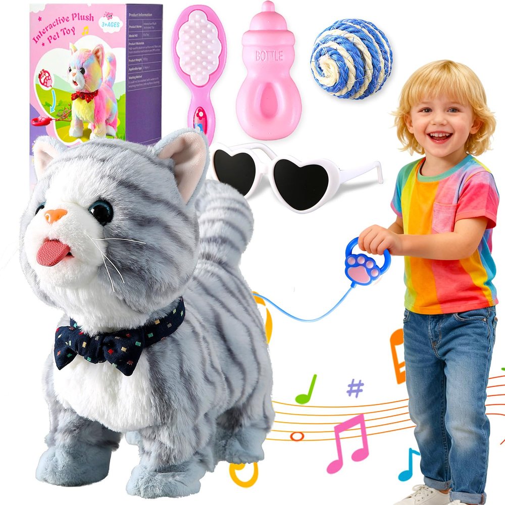 Gray Leash Walking Cat Set Toy Interactive Talking Cat Singing Dancing Kitten Mimicking Repeat What You Say Kitty Touch and Voice Control Nodding Wagging Tail Plush Electric Robot for Kid Girl