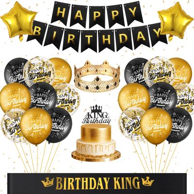 24PCS Black Gold Birthday Decorations - Gold Foil Balloons, Star Banner, Birthday King Crown & Sash, Cake Topper for Parties