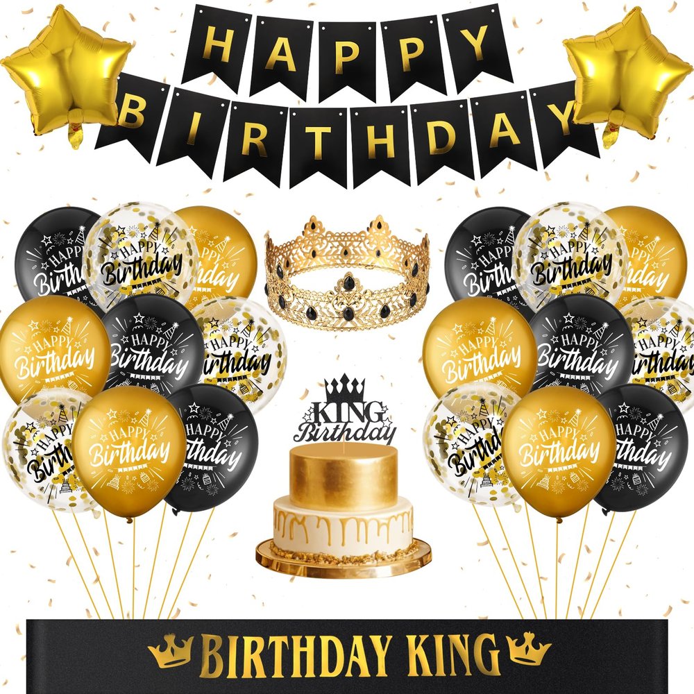 24PCS Black Gold Birthday Decorations - Gold Foil Balloons, Star Banner, Birthday King Crown & Sash, Cake Topper for Parties