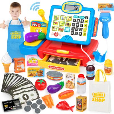 Cash Register Toy for Kids with Real Calculator, Cashier Register with Scanner/Weighter/Credit Card/ Play Money/ Food/Microphone, Pretend Play Store with Apron and Shopping Bag for Kids 3 4 5 6 7