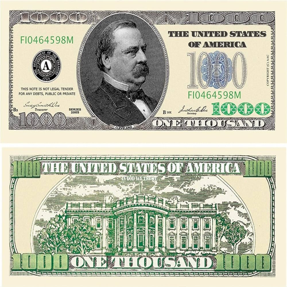 American Art Classics Pack of 50 Bills - $1,000.00 One Thousand Dollar Casino Party Novelty Fake Poker Money