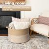 Goodpick Large Woven Storage Basket 21.7x13.8 Inch, White & Jute Laundry Hamper with Handles for Clothes, Blankets, Pillows, Blanket Basket for Living Room, Bedroom view 2