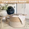 Goodpick Large Woven Storage Basket 21.7x13.8 Inch, White & Jute Laundry Hamper with Handles for Clothes, Blankets, Pillows, Blanket Basket for Living Room, Bedroom view 4