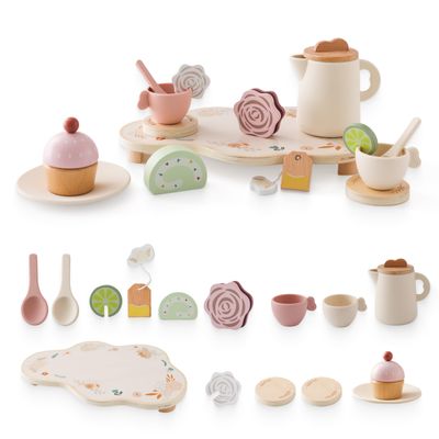 Ikubigu Tea Party Set for Kids - Wooden Tea Set for Little Girls 15PCS Silicone Toddler Tea Set Kitchen Accessories Pretend Play Toy Tea Set for Toddlers - Birthday Gift (Purple)