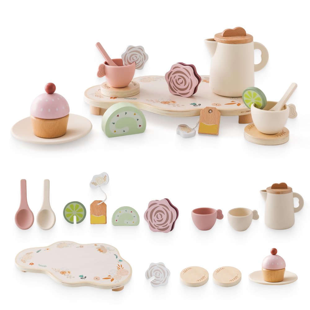Ikubigu Tea Party Set for Kids - Wooden Tea Set for Little Girls 15PCS Silicone Toddler Tea Set Kitchen Accessories Pretend Play Toy Tea Set for Toddlers - Birthday Gift (Purple)
