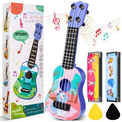 Mini Guitar 10 Inch Musical Toy Guitar Classical Toddler Ukulele with 2 Extra Mini Harmonica 16 Holes and 2 Kids Party Favor (Dinosaur)