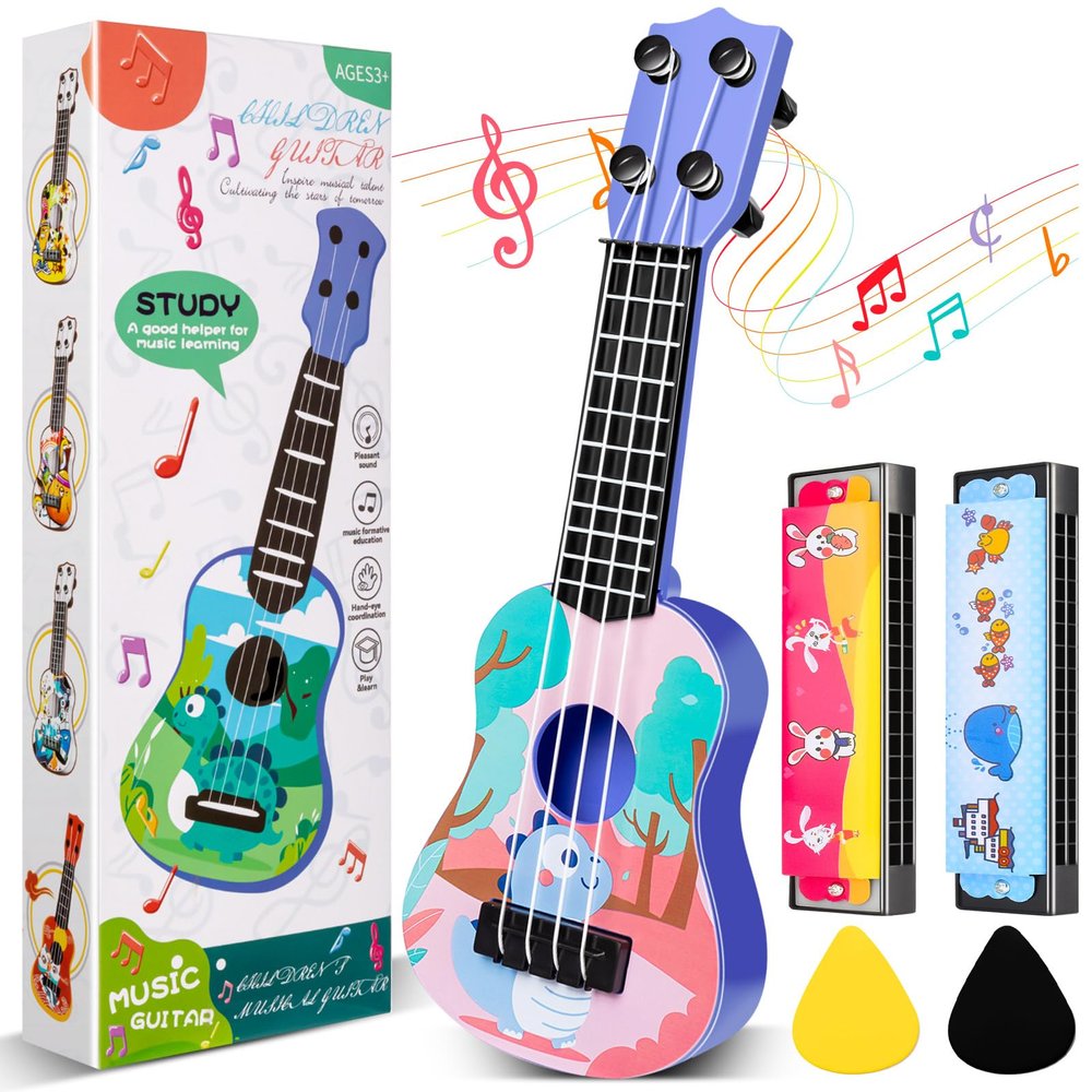 Mini Guitar 10 Inch Musical Toy Guitar Classical Toddler Ukulele with 2 Extra Mini Harmonica 16 Holes and 2 Kids Party Favor (Dinosaur)