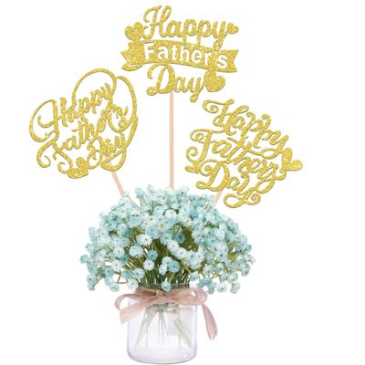 12 PCS Happy Father's Day Centerpiece Sticks Double Sided Glitter Heart Love Father Best Dad Centerpieces for Happy Father's Day Theme Table Flower Decorations Men Birthday Party Decro Supplies Gold
