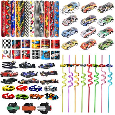 108PCS Race Car Party Favors - Themed Birthday Goodie Bags with Party Straws, Bubble Slap Bracelets, DIY Car Stickers, Pencil Caps