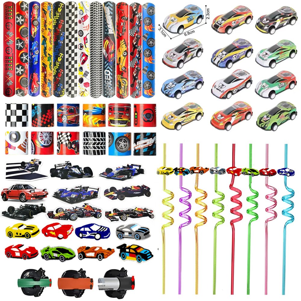 108PCS Race Car Party Favors - Themed Birthday Goodie Bags with Party Straws, Bubble Slap Bracelets, DIY Car Stickers, Pencil Caps
