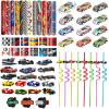 108PCS Race Car Party Favors - Themed Birthday Goodie Bags with Party Straws, Bubble Slap Bracelets, DIY Car Stickers, Pencil Caps view 1