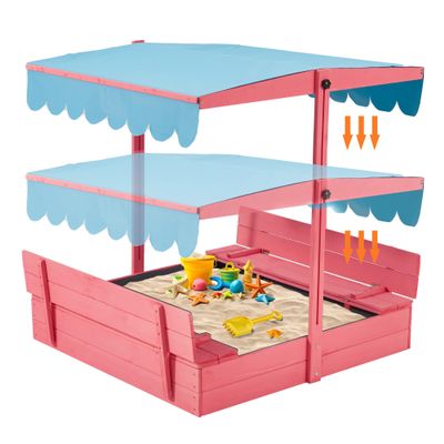YOLENY Sandbox with Lid,Kids Sandbox with Cover Outdoor,Wooden Sand Box with 2 Foldable Bench Seats for Ages 2-8, Adjustable UV-Resistant Roof & Bottom Liner for Backyard,Beach,Christmas Decorations
