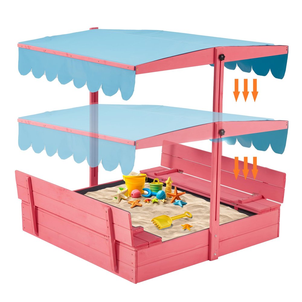 YOLENY Sandbox with Lid,Kids Sandbox with Cover Outdoor,Wooden Sand Box with 2 Foldable Bench Seats for Ages 2-8, Adjustable UV-Resistant Roof & Bottom Liner for Backyard,Beach,Christmas Decorations