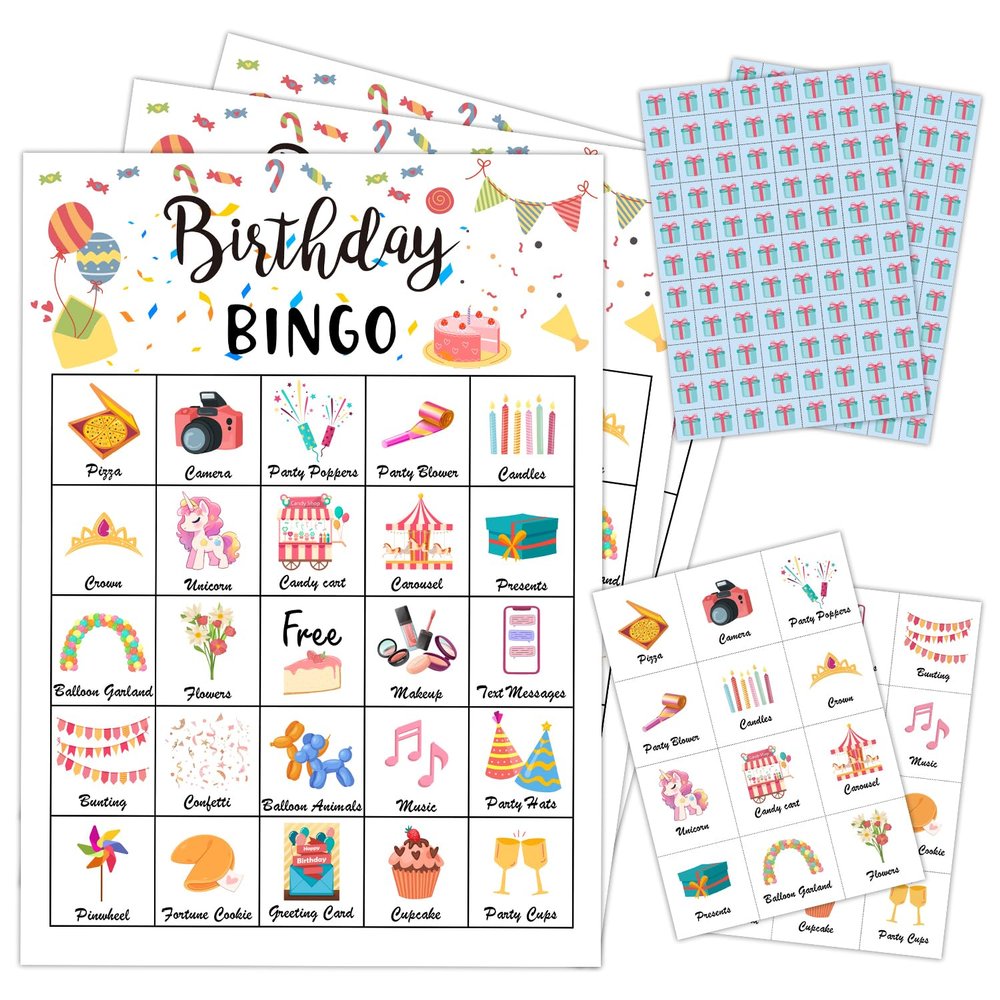 mermermu Birthday Party Bingo Game Cards(24 Players), Birthday Bingo Card for Family Friend Adult, Large Group Holiday Party Activity Favor Decoration Supplies -002