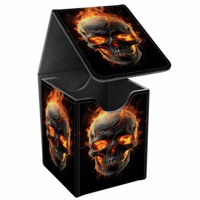 JANENFNA Card Deck Box, Card Storage Box Fits 100+ Single Sleeved Cards, Large Capacity PU Leather Card Storage Box with Strong Magnet for Magic Commander TCG CCG, Fire Skull