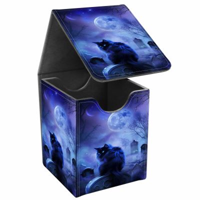 JANENFNA Card Deck Box, Card Storage Box Fits 100+ Single Sleeved Cards, Large Capacity PU Leather Card Storage Box with Strong Magnet for Magic Commander TCG CCG, Night Black Cat