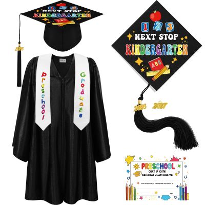 Bokon 4 Pcs 2026 Kindergarten Preschool Graduation Cap and Gown with Tassel Graduation Stole and Certificate for Toddler Kids(30,Black)