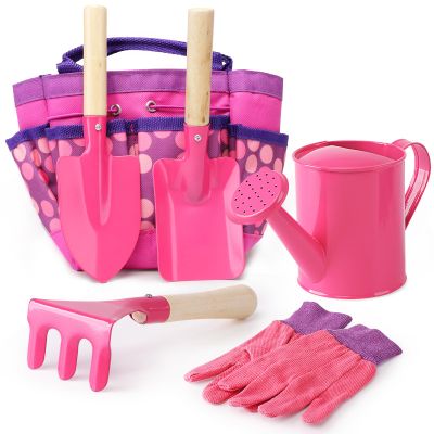 Kids Gardening Tools Set, Toddler Play Kit Child Outdoor Toy with Gloves, Watering Can, Metal Shovel, Rake, Spade & Storage Bag, Backyard Sand Digging Holiday Birthday Gift for Boy Girl 3 4 5 (Pink)