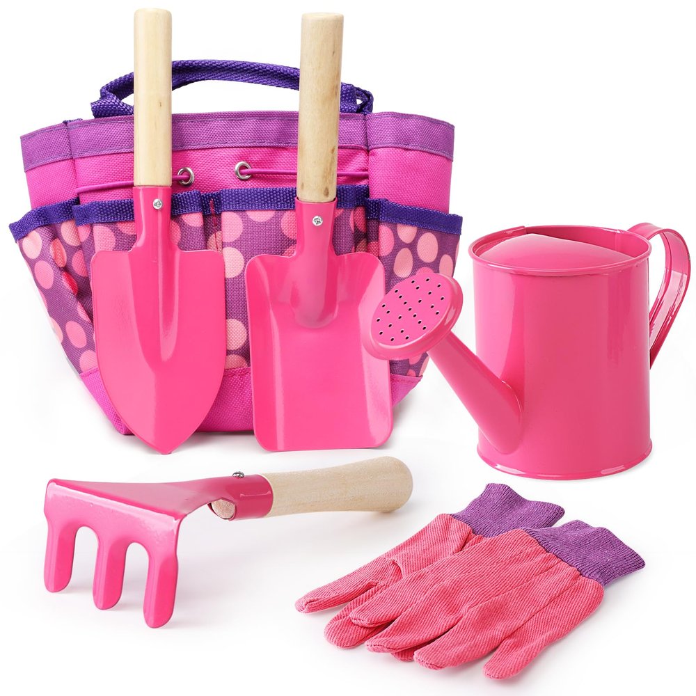 Kids Gardening Tools Set, Toddler Play Kit Child Outdoor Toy with Gloves, Watering Can, Metal Shovel, Rake, Spade & Storage Bag, Backyard Sand Digging Holiday Birthday Gift for Boy Girl 3 4 5 (Pink)