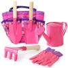 Kids Gardening Tools Set, Toddler Play Kit Child Outdoor Toy with Gloves, Watering Can, Metal Shovel, Rake, Spade & Storage Bag, Backyard Sand Digging Holiday Birthday Gift for Boy Girl 3 4 5 (Pink) view 1