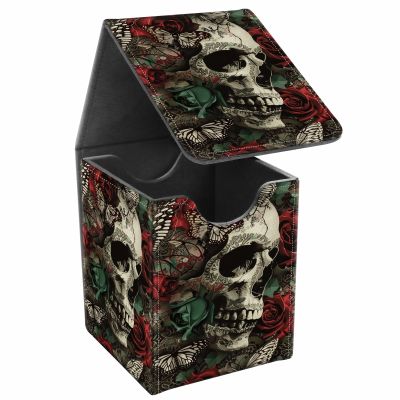 JANENFNA Card Deck Box, Card Storage Box Fits 100+ Single Sleeved Cards, Large Capacity PU Leather Card Storage Box with Strong Magnet for Magic Commander TCG CCG, Skull Red Roses