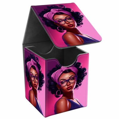 JANENFNA Card Deck Box, Card Storage Box Fits 100+ Single Sleeved Cards, Large Capacity PU Leather Card Storage Box with Strong Magnet for Magic Commander TCG CCG, Blackgirl with Glasses
