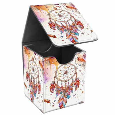 JANENFNA Card Deck Box, Card Storage Box Fits 100+ Single Sleeved Cards, Large Capacity PU Leather Card Storage Box with Strong Magnet for Magic Commander TCG CCG, Dreamcatcher Feathers Beads
