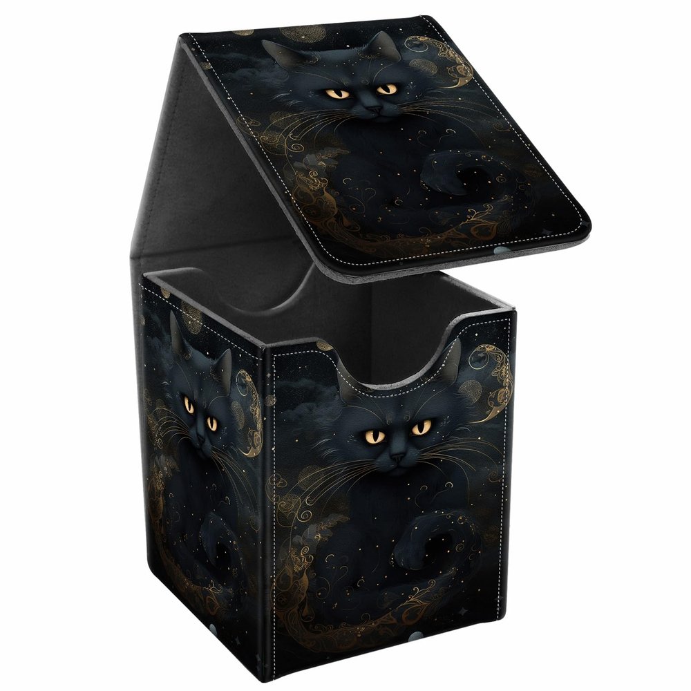 JANENFNA Card Deck Box, Card Storage Box Fits 100+ Single Sleeved Cards, Large Capacity PU Leather Card Storage Box with Strong Magnet for Magic Commander TCG CCG, Black Trippy Cat